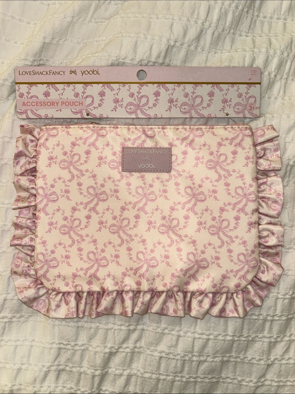 LoveShackFancy Pink Bow-Print Ruffle Accessory Pouch - Picture 1 of 2